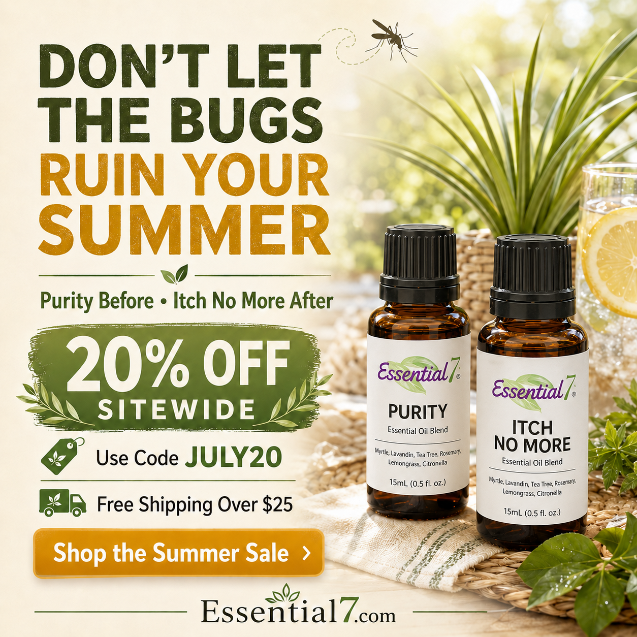 July 4th Sale Essential7 Purity and Itch No More essential oil blends beside summer greenery, promoting 20% off sitewide with code JULY20.