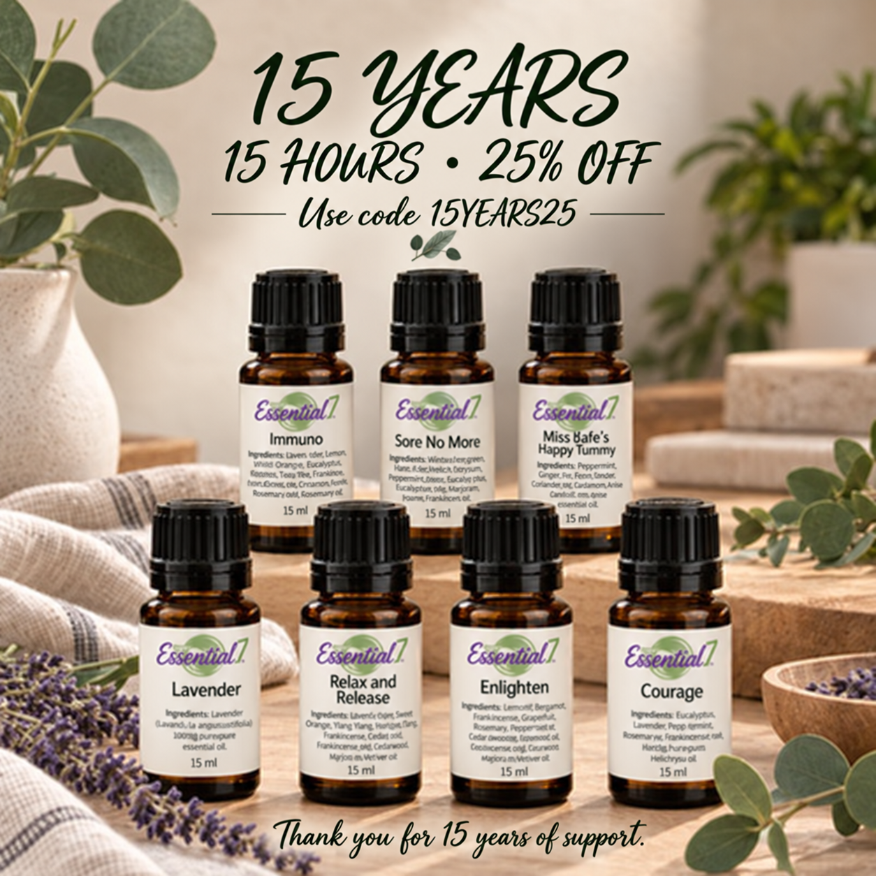 15 year anniversary sale celebrating 15 years at essential7.com with 25% sale