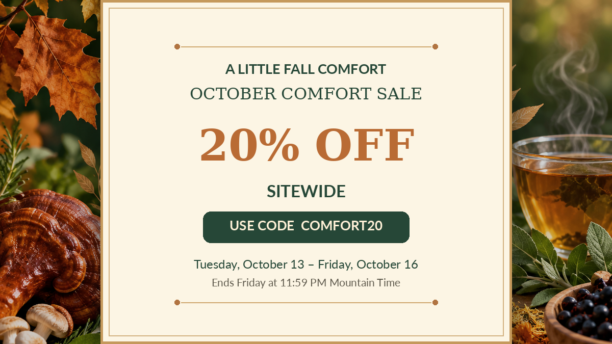 Fall Comfort Sale October sale with mushrooms and tea, fall colors